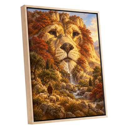 Lion of the Golden Valley, gold, orange, beige nature wall art shown as a oak framed canvas wall art