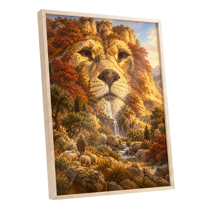 Lion of the Golden Valley, gold, orange, beige nature wall art shown as a oak framed poster wall art print