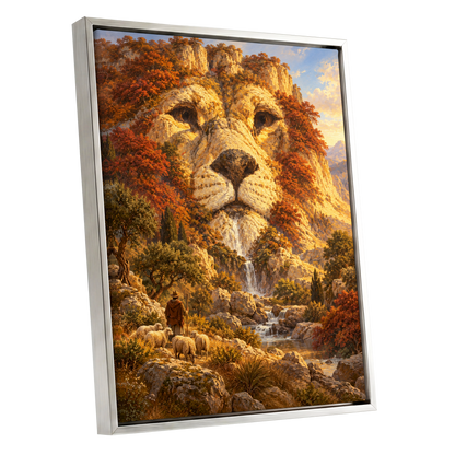 Lion of the Golden Valley, gold, orange, beige nature wall art shown as a silver framed canvas wall art