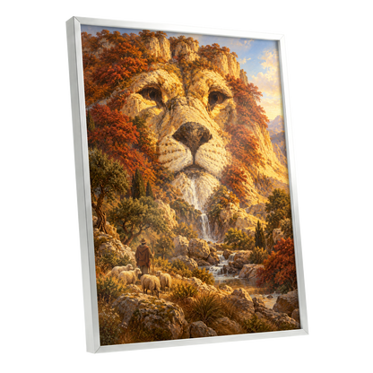 Lion of the Golden Valley, gold, orange, beige nature wall art shown as a silver framed poster wall art print