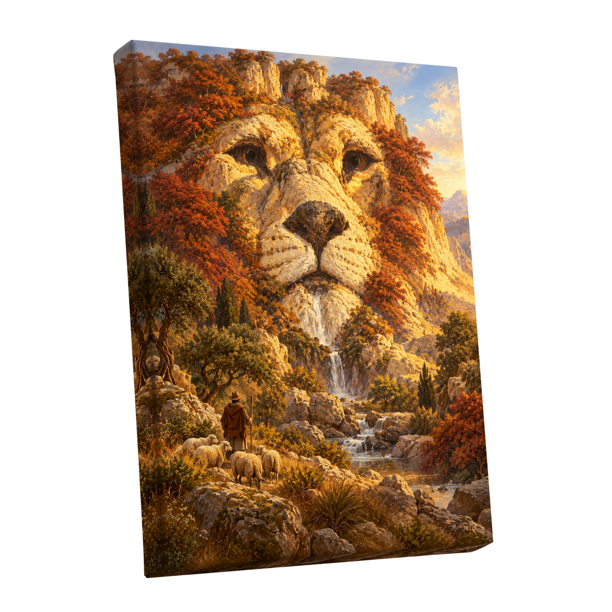 Lion of the Golden Valley, gold, orange, beige nature wall art shown as a stretched canvas wall art