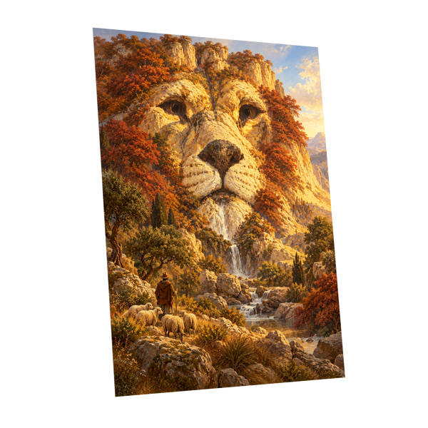 Lion of the Golden Valley, gold, orange, beige nature wall art shown as a unframed poster wall art print