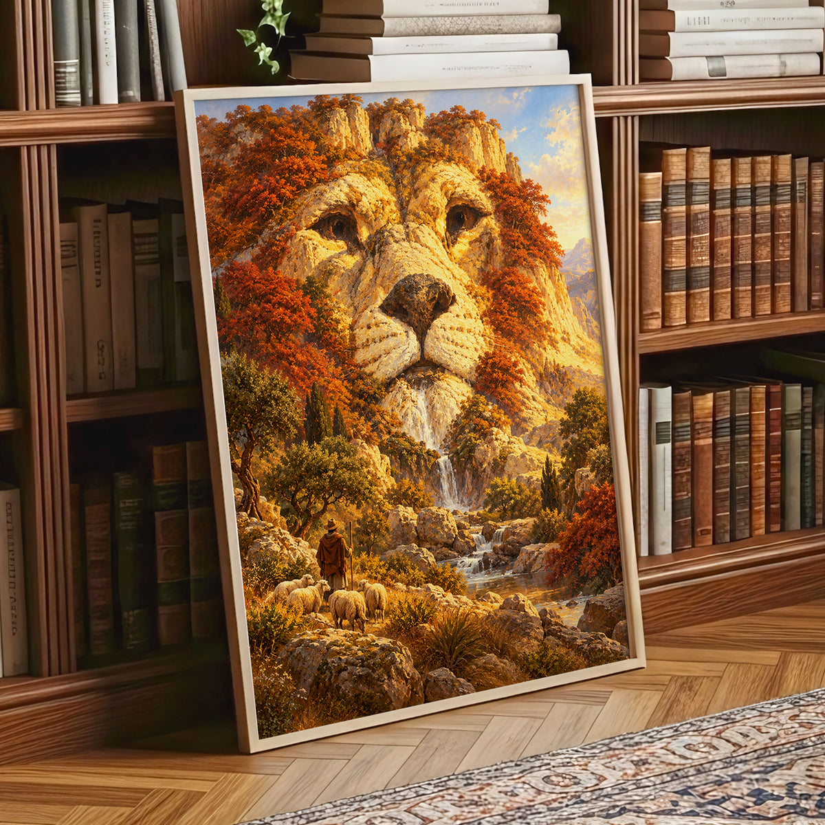 Lion of the Golden Valley, gold, orange, beige nature wall art displayed in a styled interior, gallery view 1
