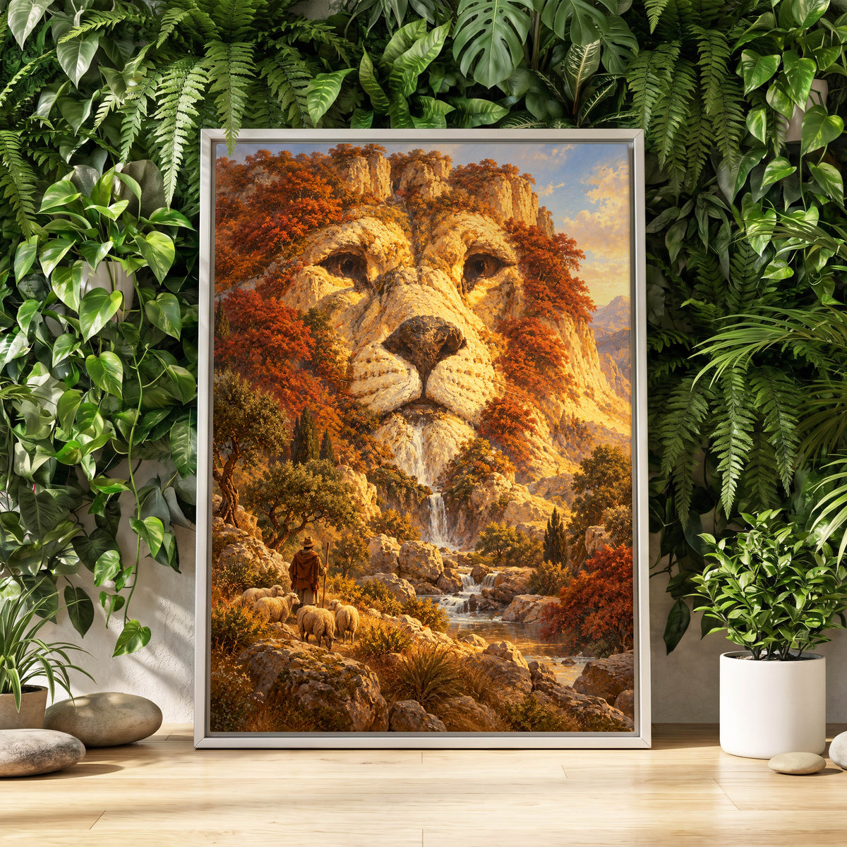 Lion of the Golden Valley, gold, orange, beige nature wall art displayed in a styled interior, gallery view 2