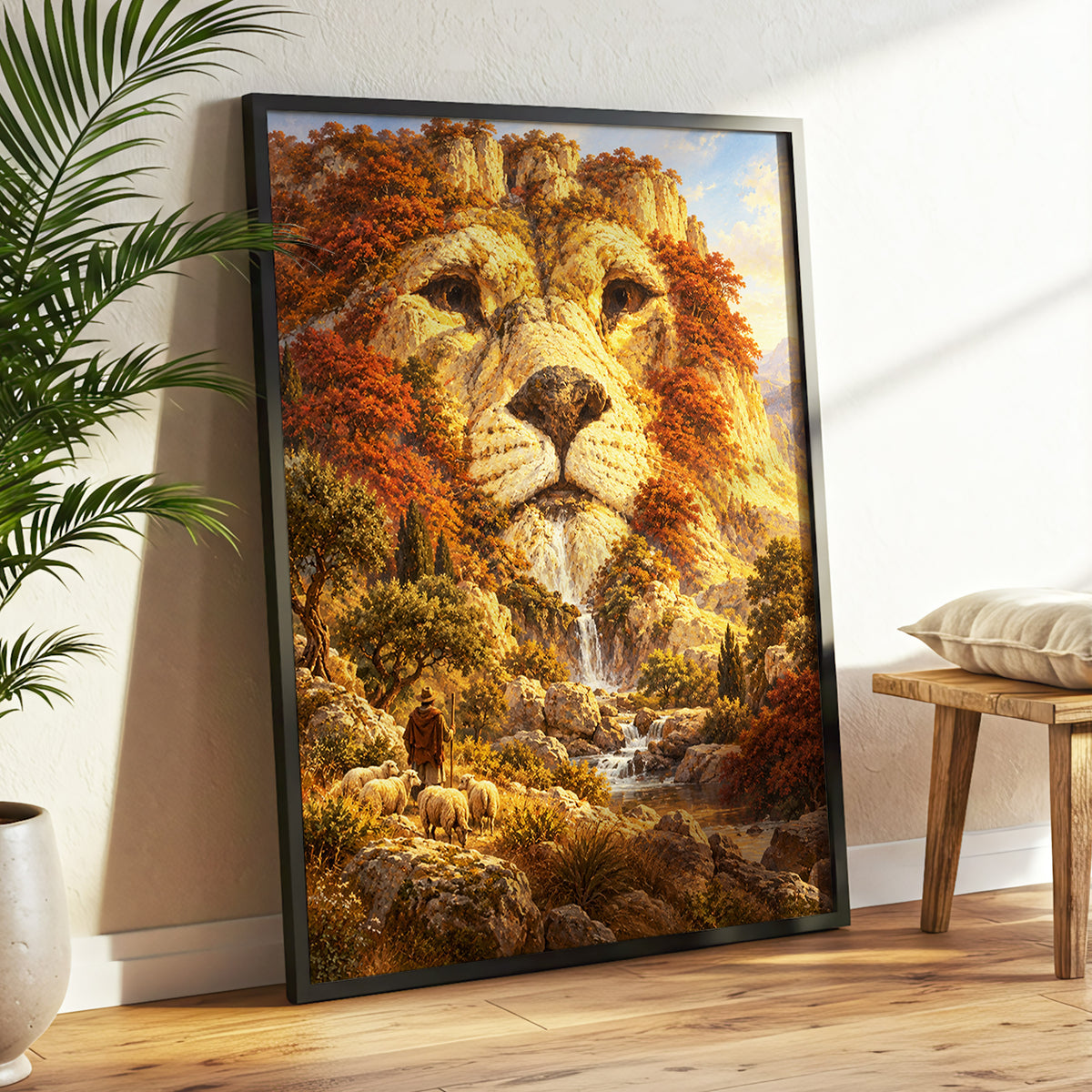 Lion of the Golden Valley, gold, orange, beige nature wall art displayed in a styled interior, gallery view 3