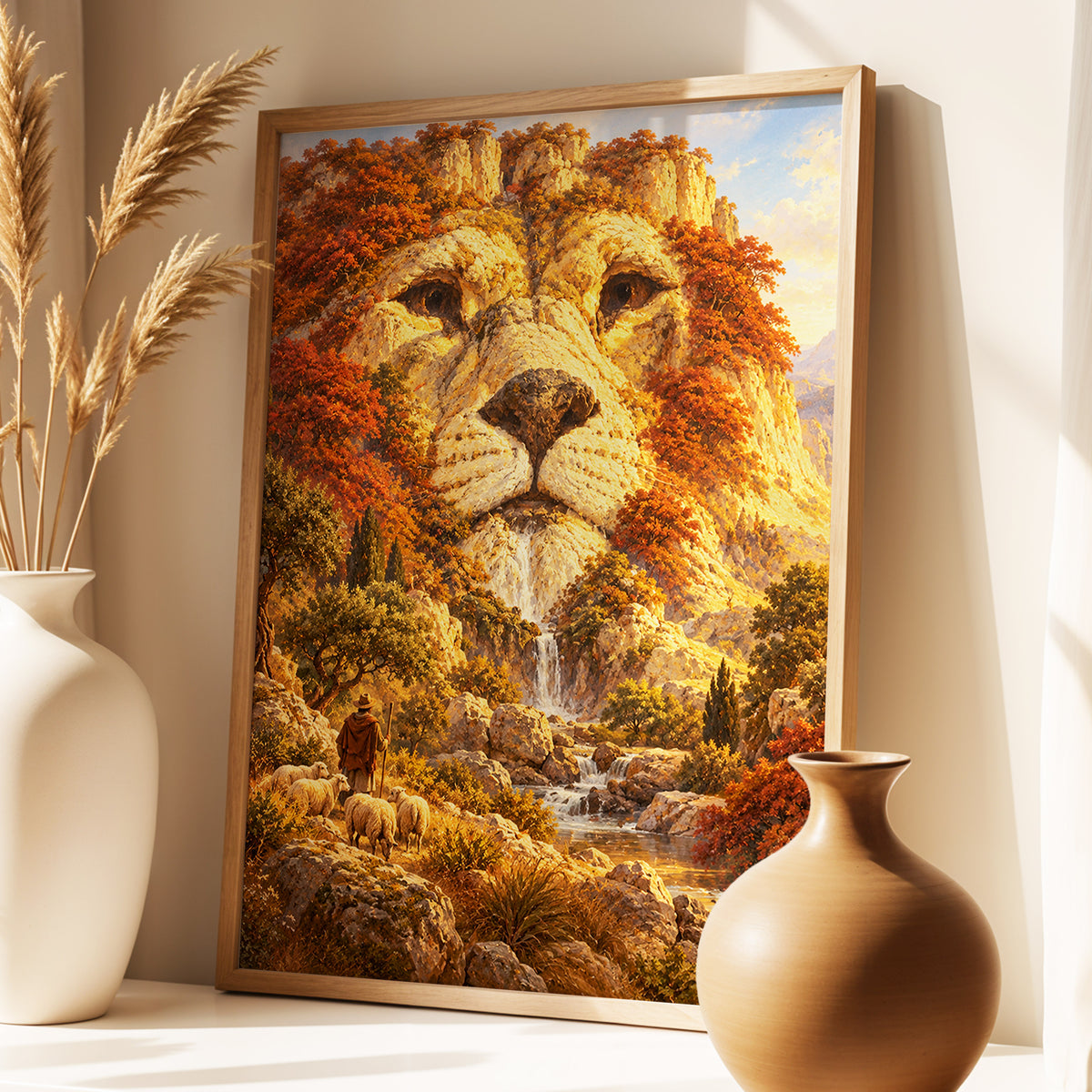 Lion of the Golden Valley, gold, orange, beige nature wall art displayed in a styled interior, gallery view 4