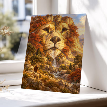 Lion of the Golden Valley, gold, orange, beige nature wall art displayed in a styled interior, gallery view 5