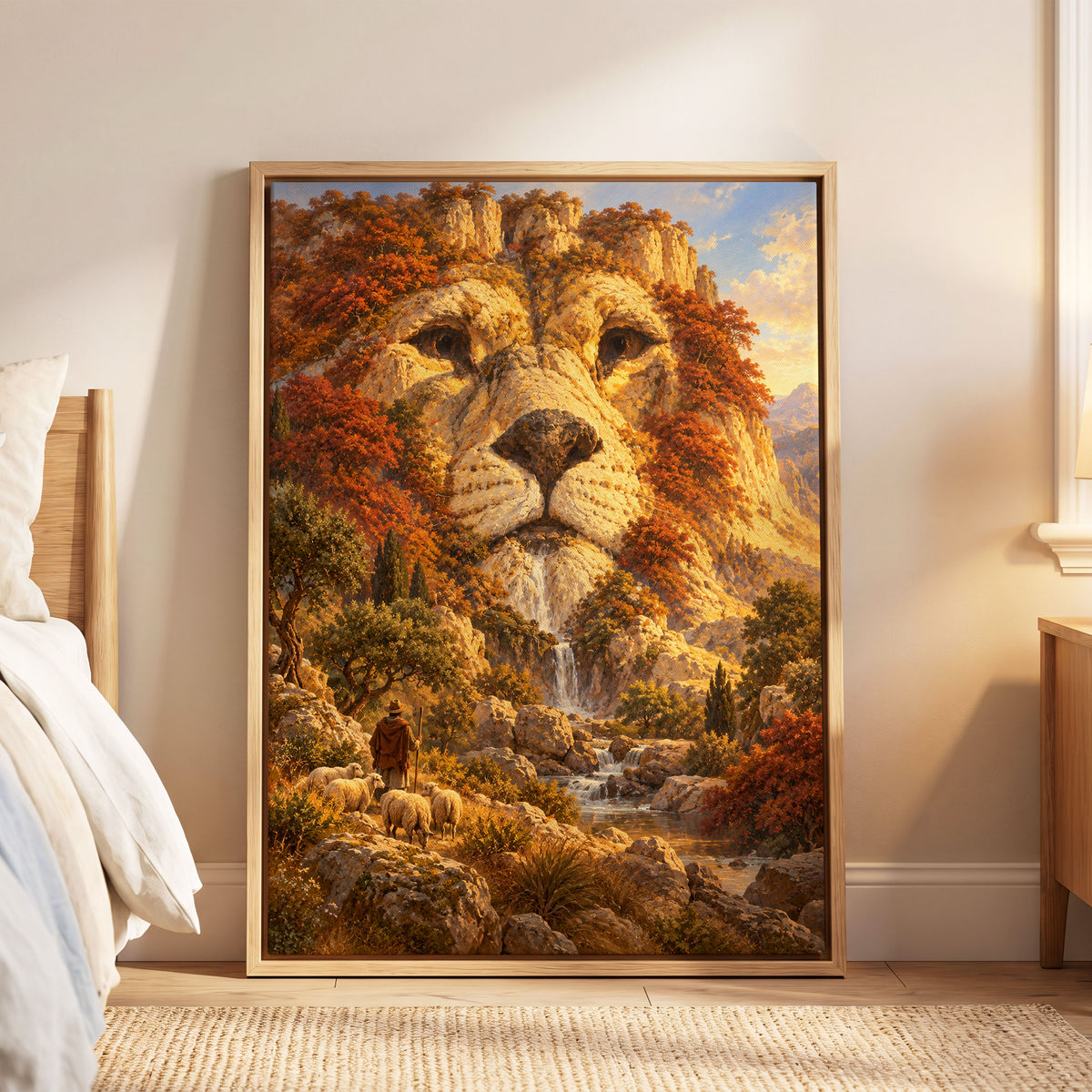 Lion of the Golden Valley, gold, orange, beige nature wall art displayed in a styled interior, gallery view 6