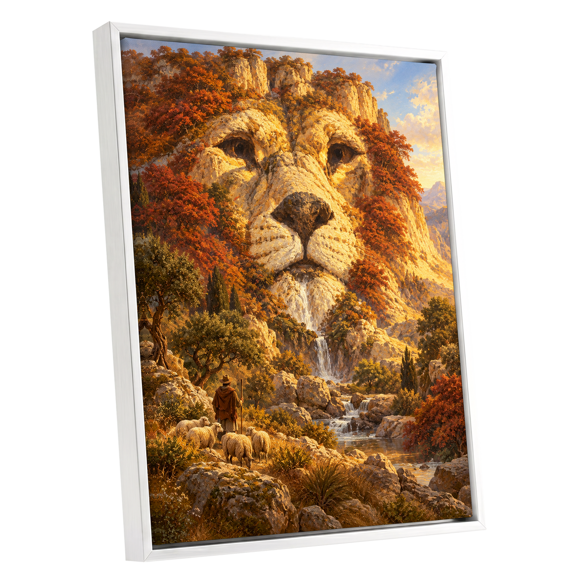 Lion of the Golden Valley, gold, orange, beige nature wall art shown as a white framed canvas wall art