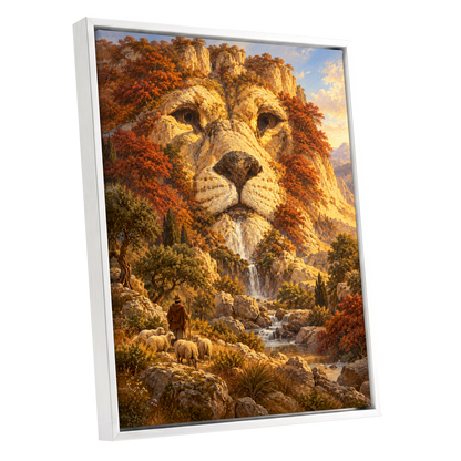 Lion of the Golden Valley, gold, orange, beige nature wall art shown as a white framed canvas wall art