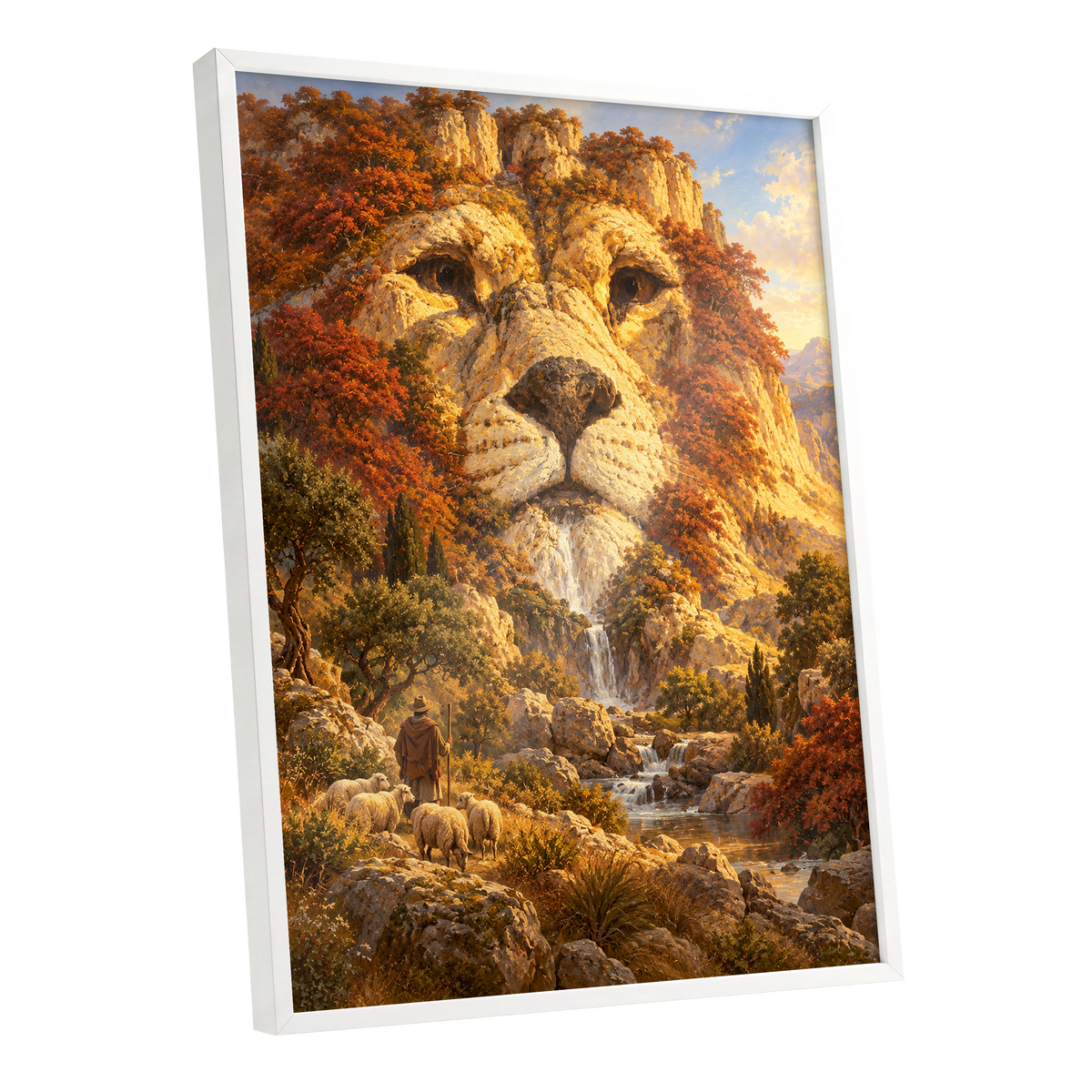 Lion of the Golden Valley, gold, orange, beige nature wall art shown as a white framed poster wall art print