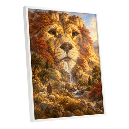 Lion of the Golden Valley, gold, orange, beige nature wall art shown as a white framed poster wall art print