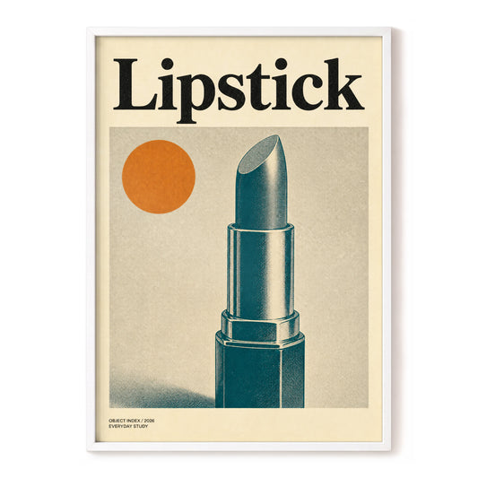Lipstick Object Study, beige, blue, black minimalist wall art, front artwork view