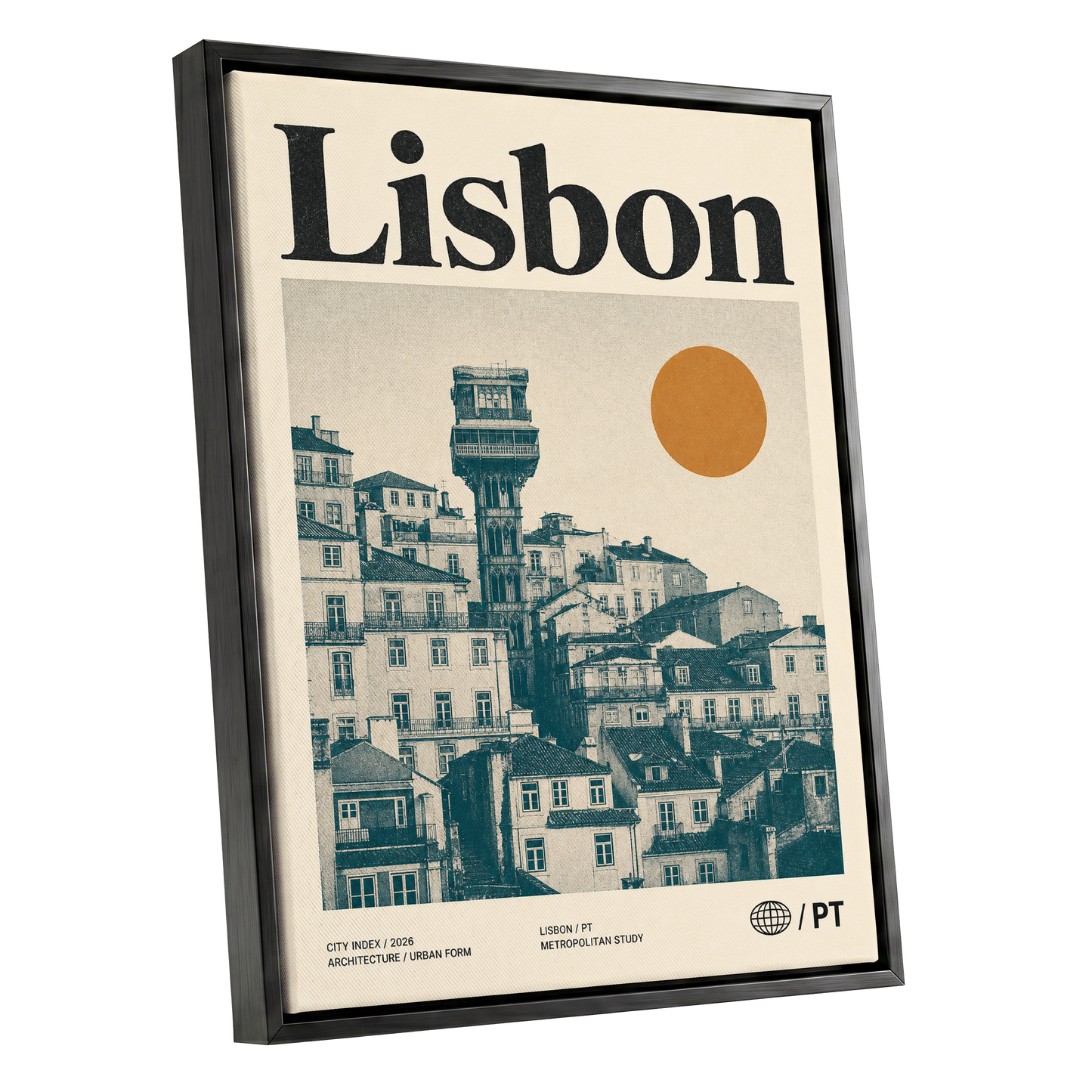 Lisbon Ascender, beige, green, gold minimalist wall art shown as a black framed canvas wall art