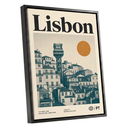 Lisbon Ascender, beige, green, gold minimalist wall art shown as a black framed canvas wall art