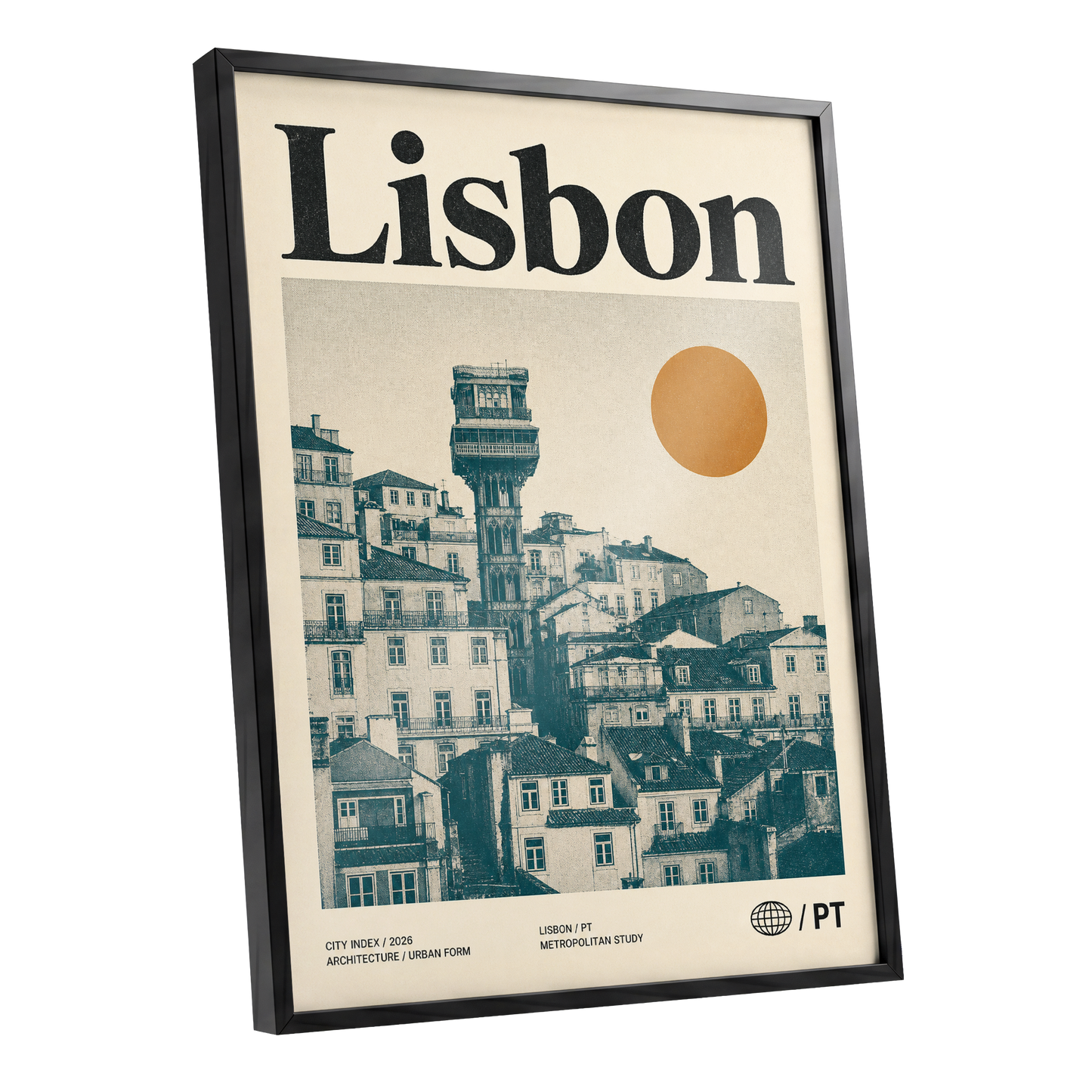 Lisbon Ascender, beige, green, gold minimalist wall art shown as a black framed poster wall art print