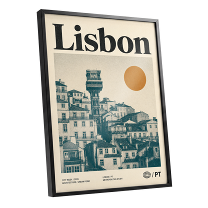 Lisbon Ascender, beige, green, gold minimalist wall art shown as a black framed poster wall art print