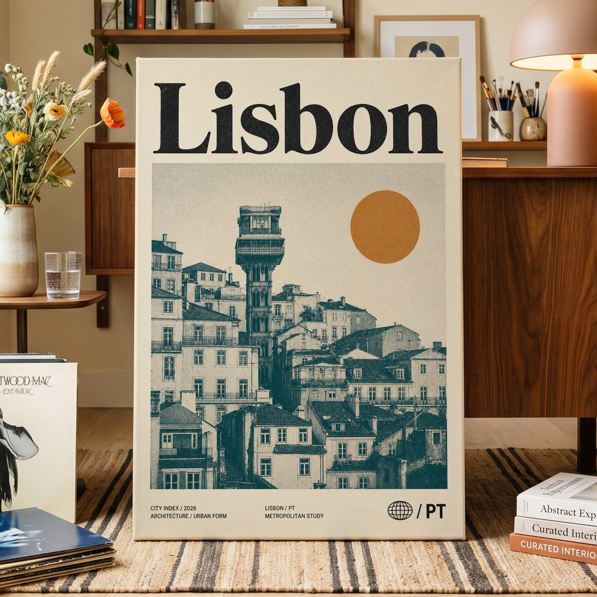 Lisbon Ascender, beige, green, gold minimalist wall art on canvas displayed in a styled interior, gallery view 1