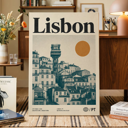 Lisbon Ascender, beige, green, gold minimalist wall art on canvas displayed in a styled interior, gallery view 1