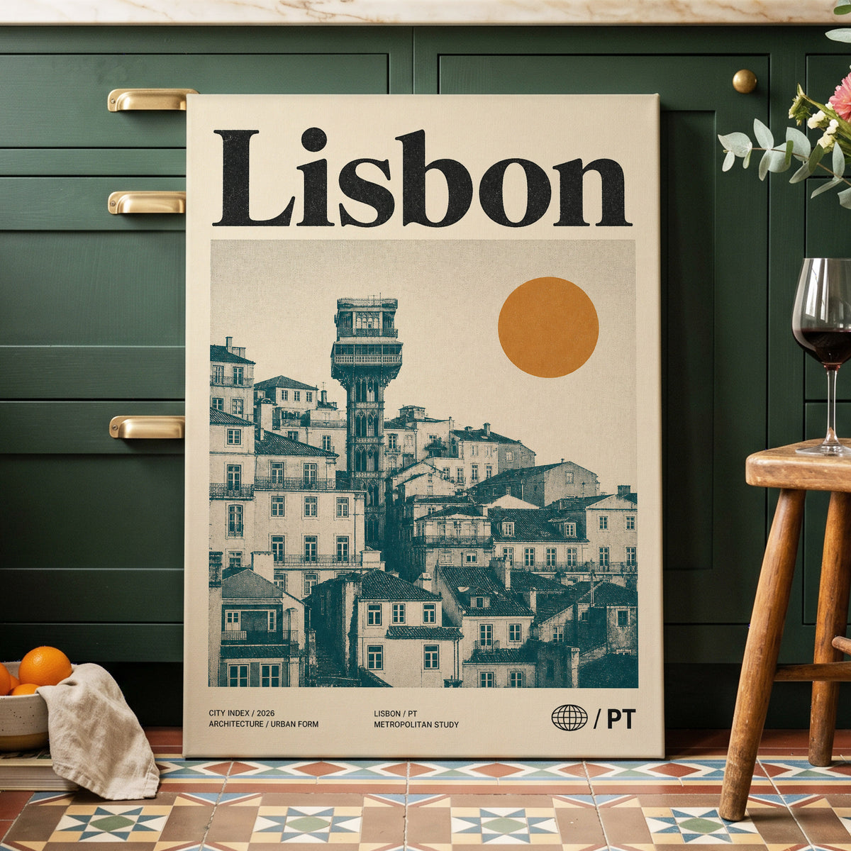 Lisbon Ascender, beige, green, gold minimalist wall art on canvas displayed in a styled interior, gallery view 2