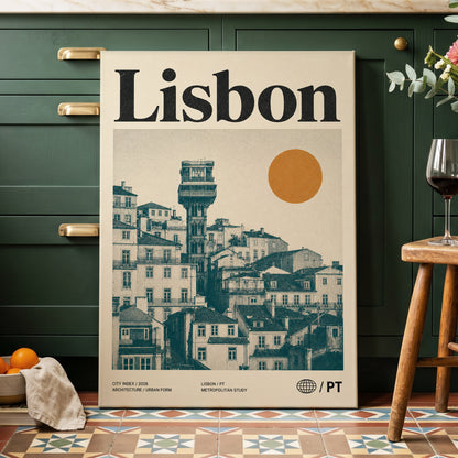 Lisbon Ascender, beige, green, gold minimalist wall art on canvas displayed in a styled interior, gallery view 2