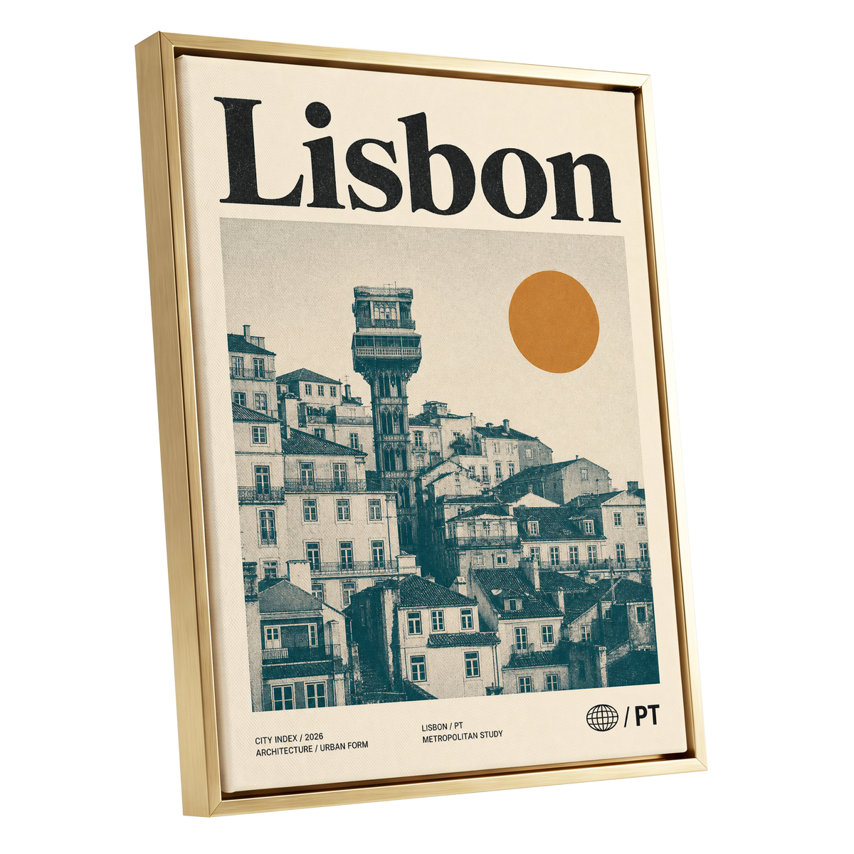 Lisbon Ascender, beige, green, gold minimalist wall art shown as a gold framed canvas wall art