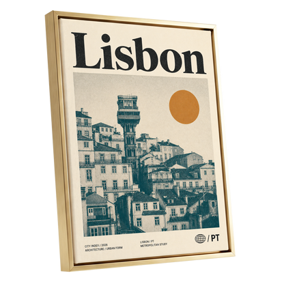 Lisbon Ascender, beige, green, gold minimalist wall art shown as a gold framed canvas wall art