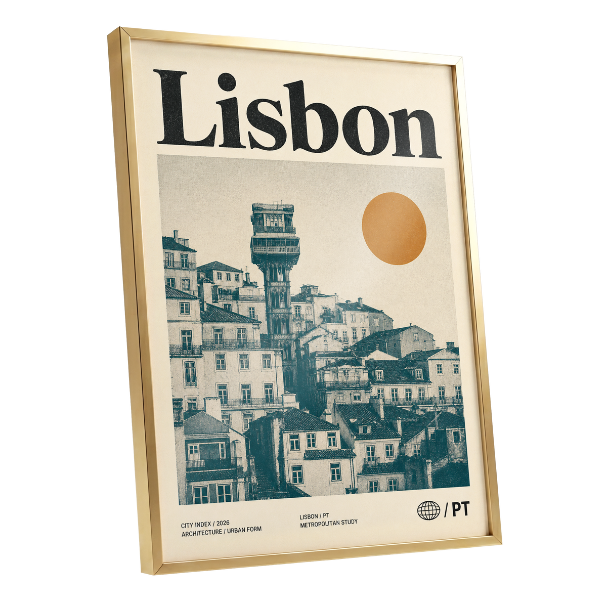 Lisbon Ascender, beige, green, gold minimalist wall art shown as a gold framed poster wall art print