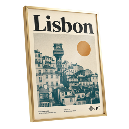Lisbon Ascender, beige, green, gold minimalist wall art shown as a gold framed poster wall art print
