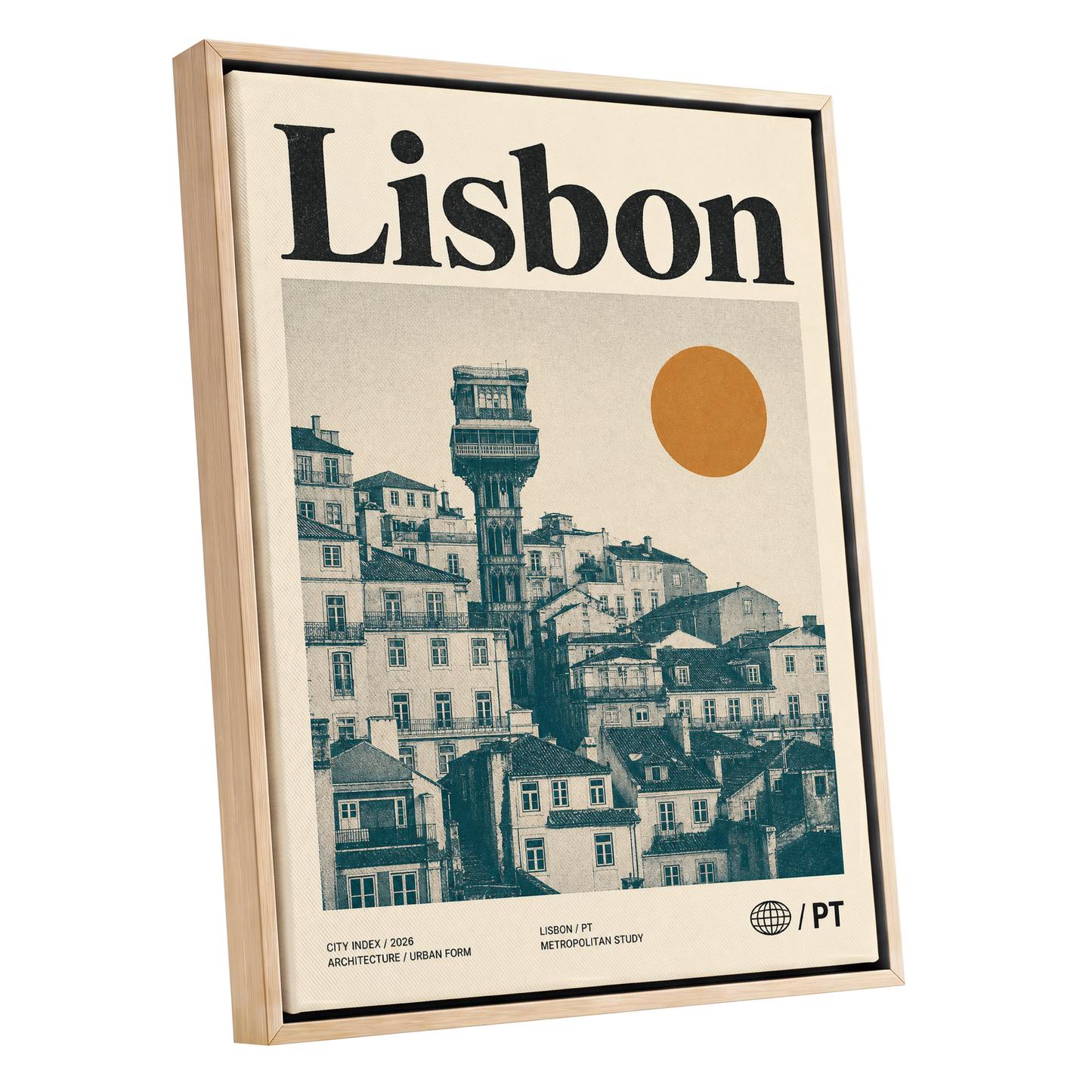Lisbon Ascender, beige, green, gold minimalist wall art shown as a oak framed canvas wall art
