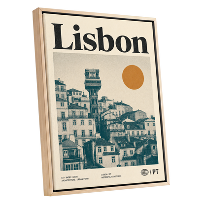 Lisbon Ascender, beige, green, gold minimalist wall art shown as a oak framed canvas wall art