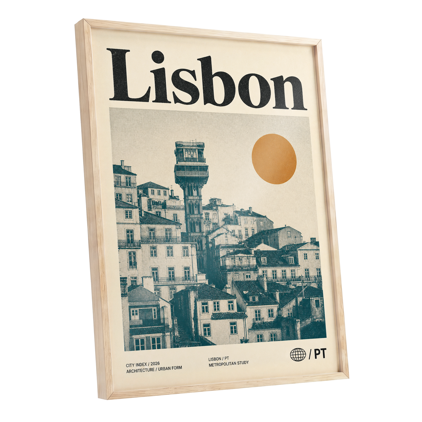 Lisbon Ascender, beige, green, gold minimalist wall art shown as a oak framed poster wall art print