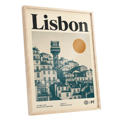 Lisbon Ascender, beige, green, gold minimalist wall art shown as a oak framed poster wall art print