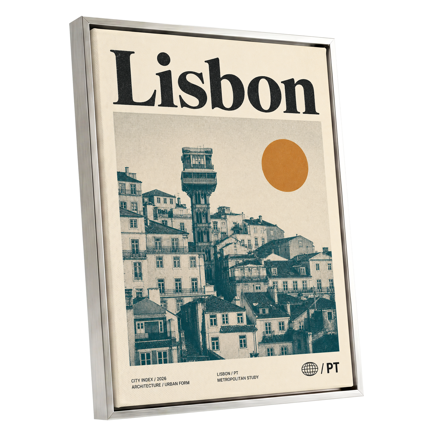 Lisbon Ascender, beige, green, gold minimalist wall art shown as a silver framed canvas wall art