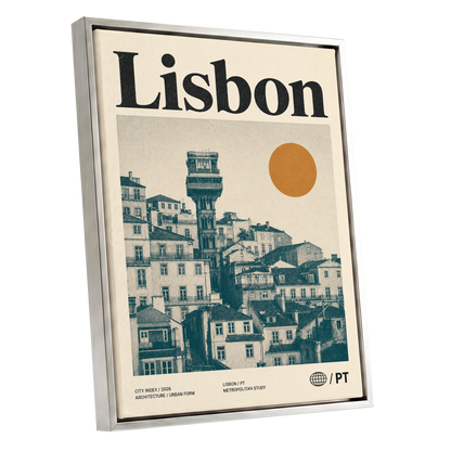 Lisbon Ascender, beige, green, gold minimalist wall art shown as a silver framed canvas wall art