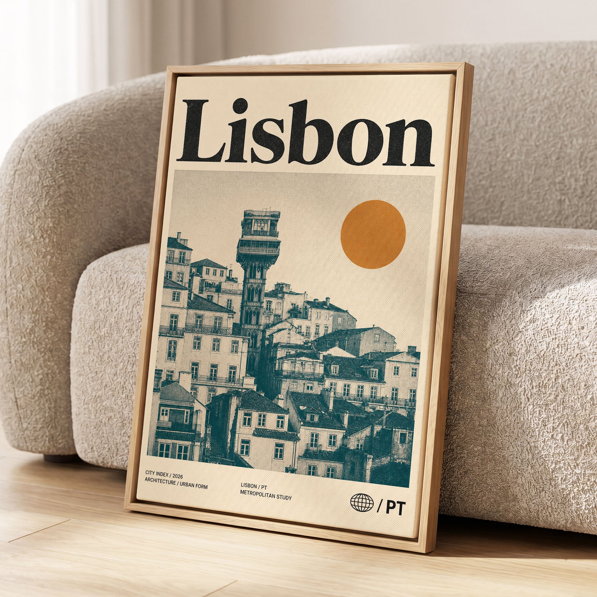 Lisbon Ascender, beige, green, gold minimalist wall art displayed in a styled interior, gallery view 1