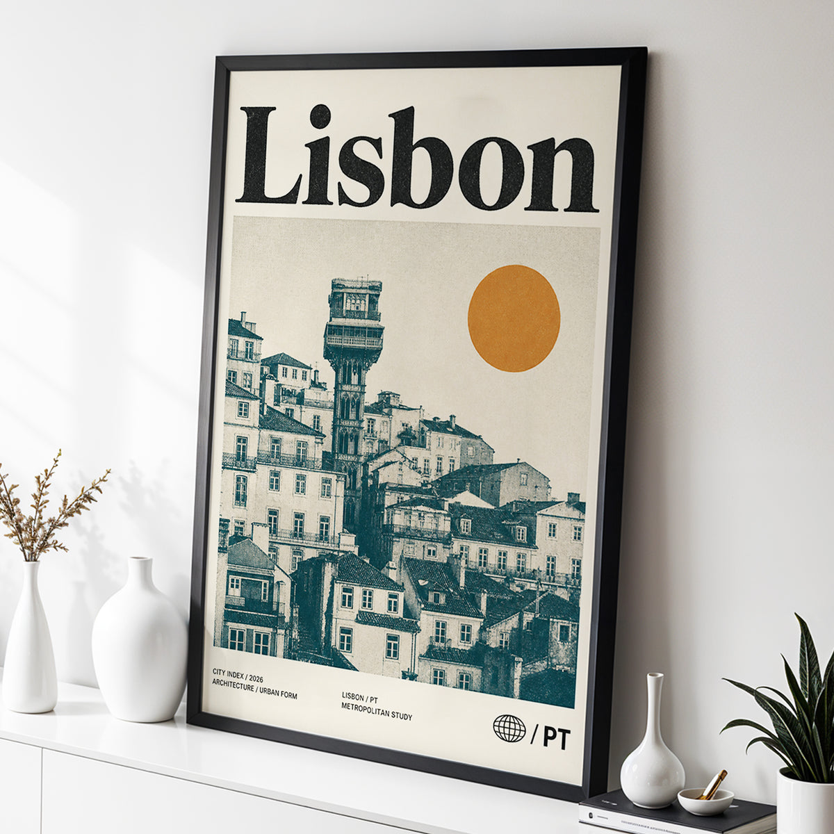 Lisbon Ascender, beige, green, gold minimalist wall art displayed in a styled interior, gallery view 2