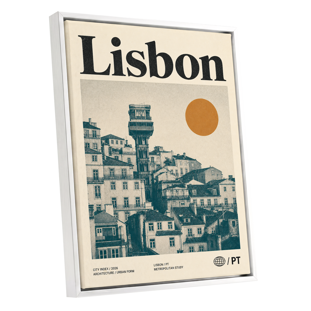 Lisbon Ascender, beige, green, gold minimalist wall art shown as a white framed canvas wall art