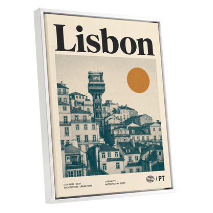 Lisbon Ascender, beige, green, gold minimalist wall art shown as a white framed canvas wall art