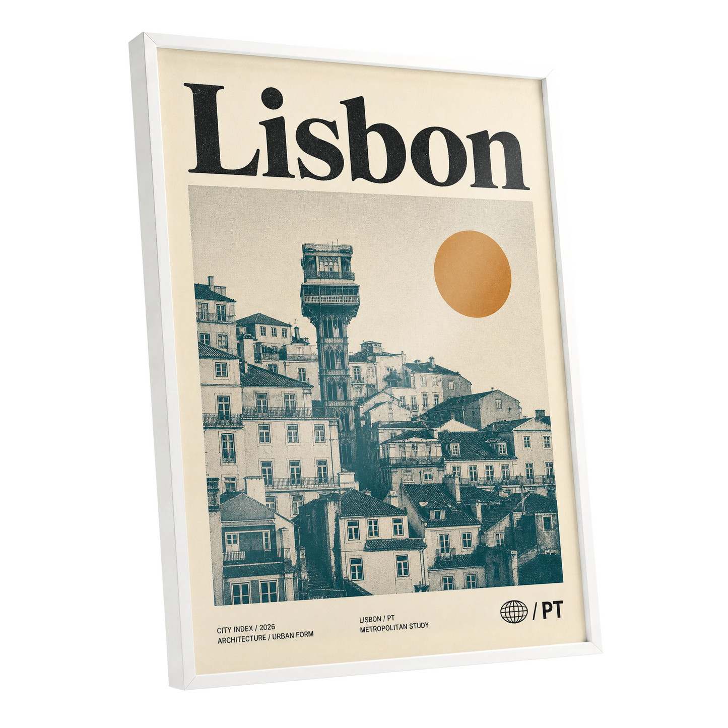 Lisbon Ascender, beige, green, gold minimalist wall art shown as a white framed poster wall art print