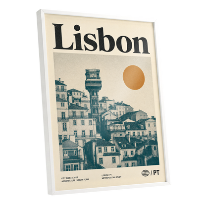 Lisbon Ascender, beige, green, gold minimalist wall art shown as a white framed poster wall art print