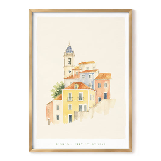 Lisbon Sunlit Facades, beige, orange, yellow minimalist wall art, front artwork view
