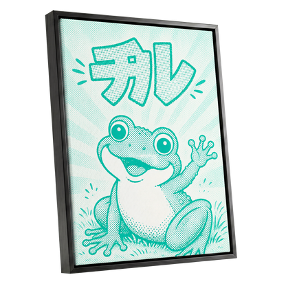 Little Frog, Big Hello, green, beige, white nature wall art shown as a black framed canvas wall art