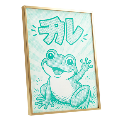 Little Frog, Big Hello, green, beige, white nature wall art shown as a gold framed poster wall art print