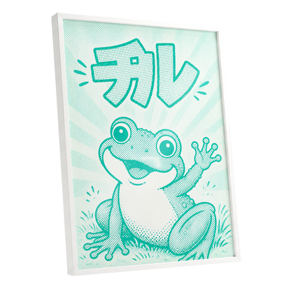 Little Frog, Big Hello, green, beige, white nature wall art shown as a white framed poster wall art print