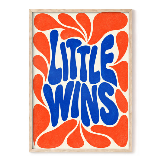Little Wins in Motion, blue, orange, beige abstract wall art, front artwork view