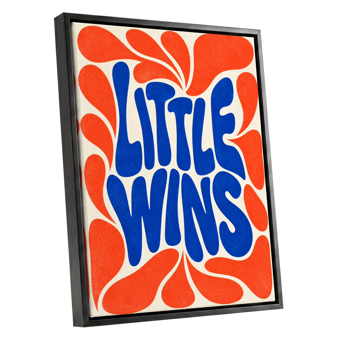 Little Wins in Motion, blue, orange, beige abstract wall art shown as a black framed canvas wall art