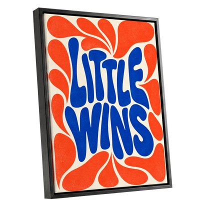 Little Wins in Motion, blue, orange, beige abstract wall art shown as a black framed canvas wall art