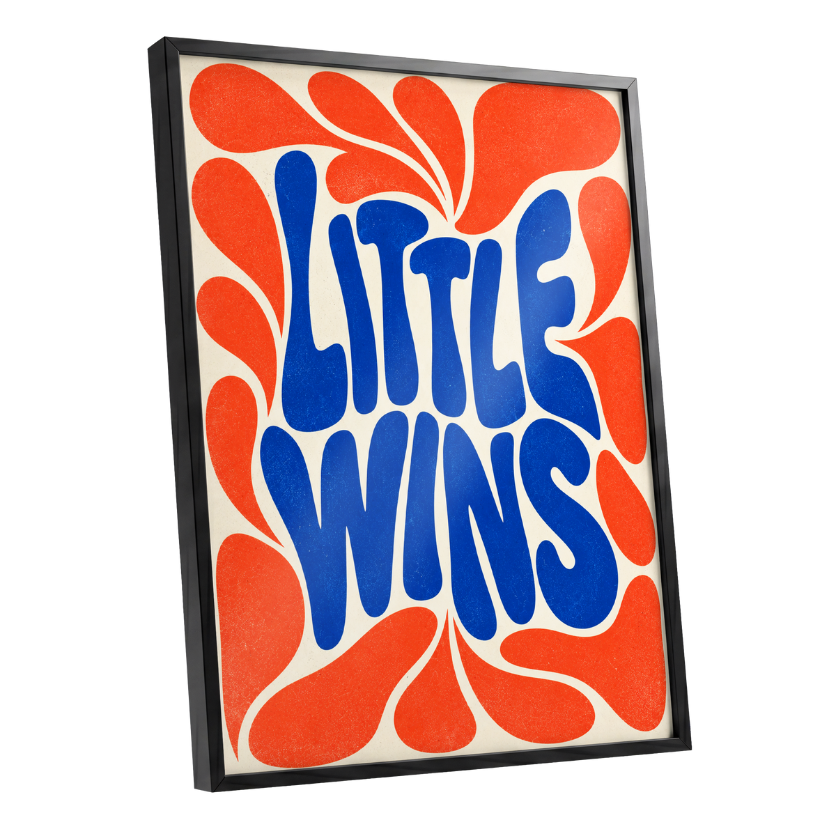 Little Wins in Motion, blue, orange, beige abstract wall art shown as a black framed poster wall art print