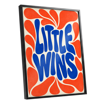 Little Wins in Motion, blue, orange, beige abstract wall art shown as a black framed poster wall art print